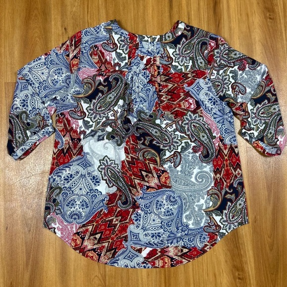 Christopher & Banks Red Blue Mandarin Collar Blouse - Picture 2 of 10